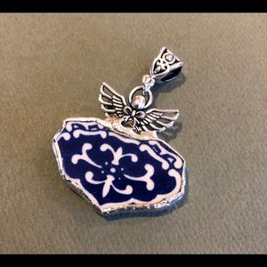 Blue willow hand cut soldered angel pendant